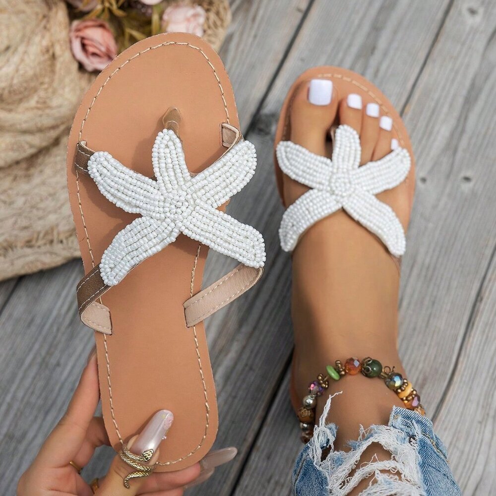 White Boho Women's Beaded Star Flat Sandals